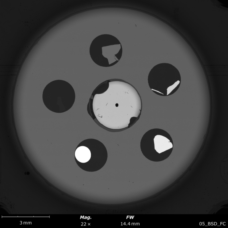 5-element backscatter calibration sample with Faraday cup